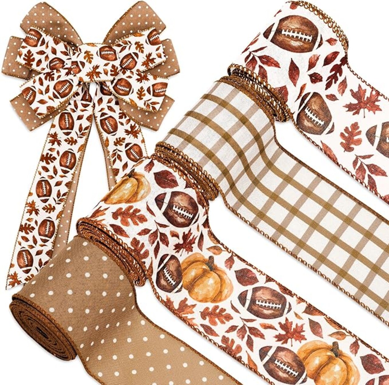 Fall Ribbon 24 Yards Super Football Bowl Wired Edge Ribbon Autumn Leaves Pumpkin Fabric Craft Ribbon for Wreath Bow Making, DIY Crafts Wrapping Supplies, 4 Rolls